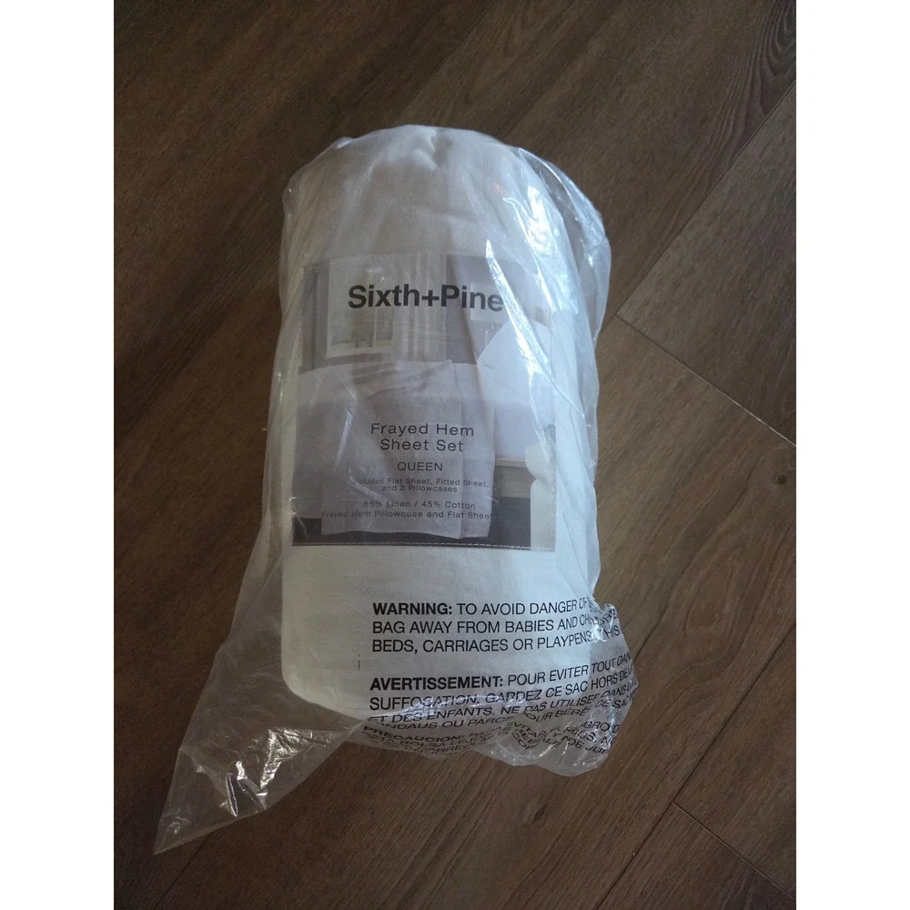 Sixth + Pine White Frayed Hem Queen Sheet Set 4pc Linen Cotton Blend NEW